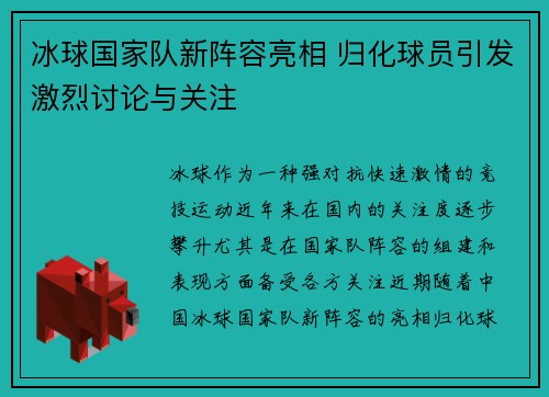 冰球国家队新阵容亮相 归化球员引发激烈讨论与关注