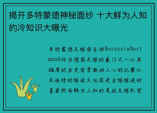 揭开多特蒙德神秘面纱 十大鲜为人知的冷知识大曝光